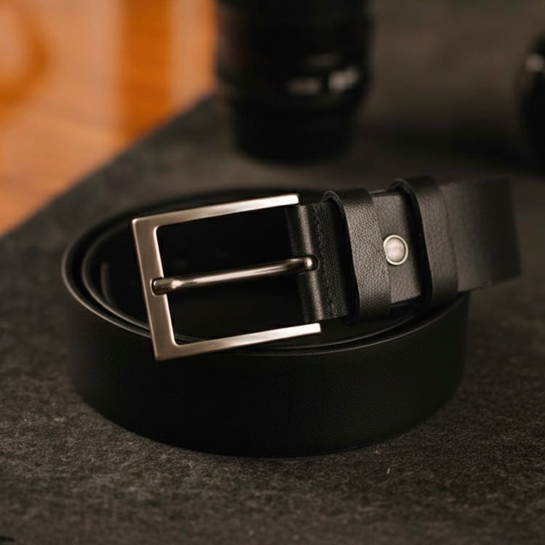 Black leather belt with a silver buckle on a dark surface